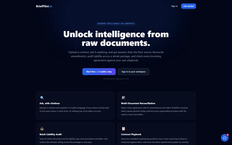 Screenshot of BriefPilot, contract-review rag platform, built by Anshuman Verma