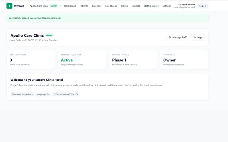 Screenshot of Iatrova, multi-tenant clinic os & ai medical copilot, built by Anshuman Verma