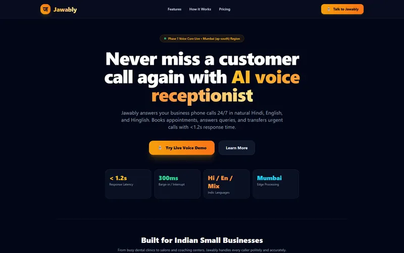 Screenshot of Jawably, ai voice receptionist for indian businesses, built by Anshuman Verma