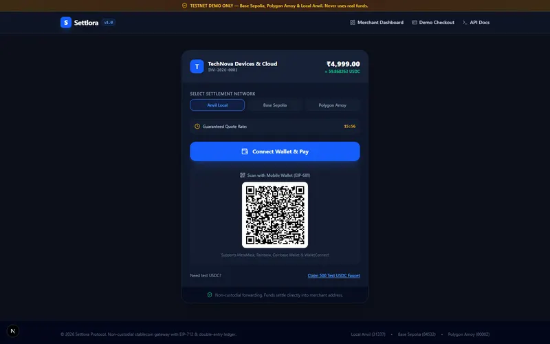 Screenshot of Settlora, non-custodial stablecoin payments, escrow & double-entry ledger, built by Anshuman Verma