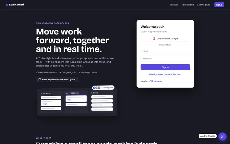 Screenshot of Stackboard, real-time task board with an ai agent, built by Anshuman Verma